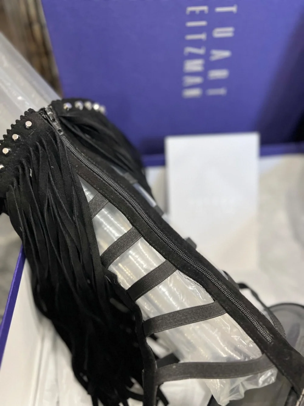 STUART WEITZMAN FRINGE BLASUE 11.5 MED BLACK SUEDE SANDAL
